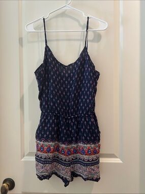 Indero Navy Boho Paisley Print Spaghetti Strap Romper Multi Border w/ pockets L